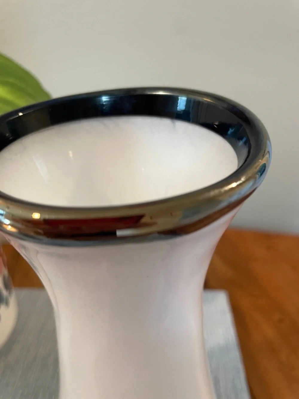 Vintage White Handblown Glass Vase – Chrome Colored Mushroom Rim –  8.5